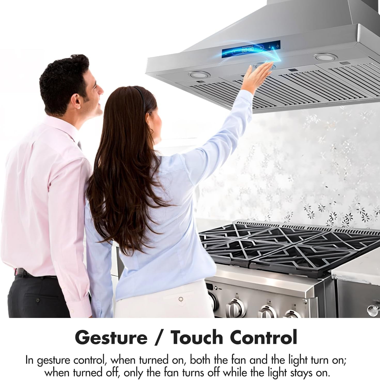 48 inch Wall Mount Range Hood Convertible Vent with Permanent Baffle Filters 800 CFM Stainless Steel for Kitchen Gesture Sensing & Touch Control, 4 Speed Exhaust Fan, ETL listed