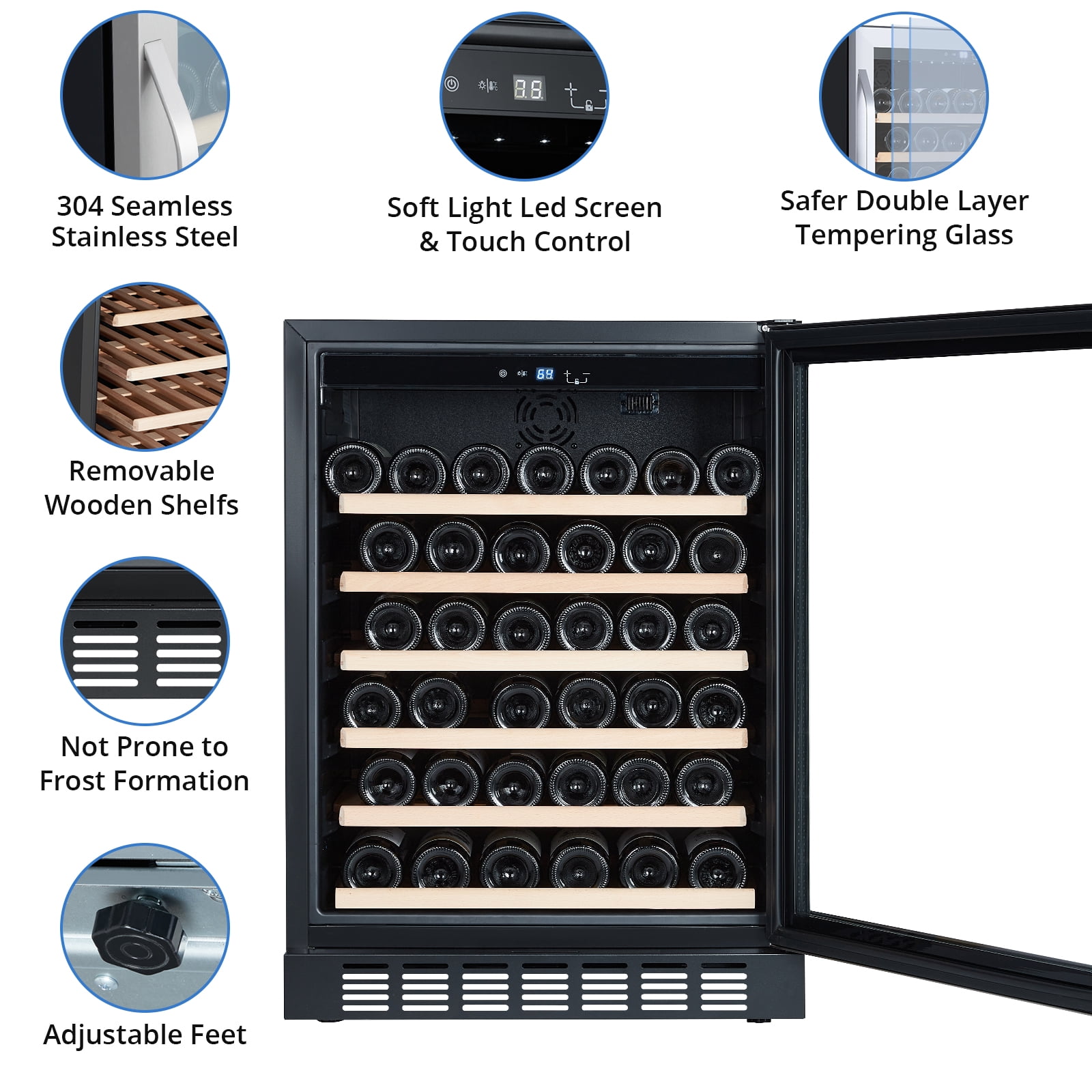 Luku Wine Cooler Refrigerator - 46 Bottle Capacity, Stable Temperature Control, Digital Control Panel, Stainless Steel & Tempered Glass, Safety Lock