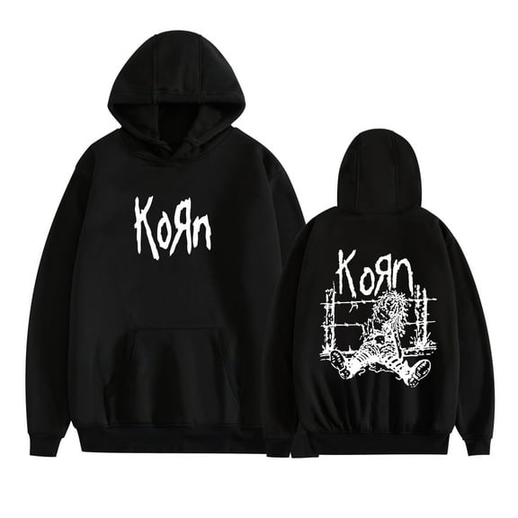 PH DOUBLE L   Ko-rn hoodie, unisex, graphic print pullover, stylish long-sleeved sweatshirt, streetwear, black.