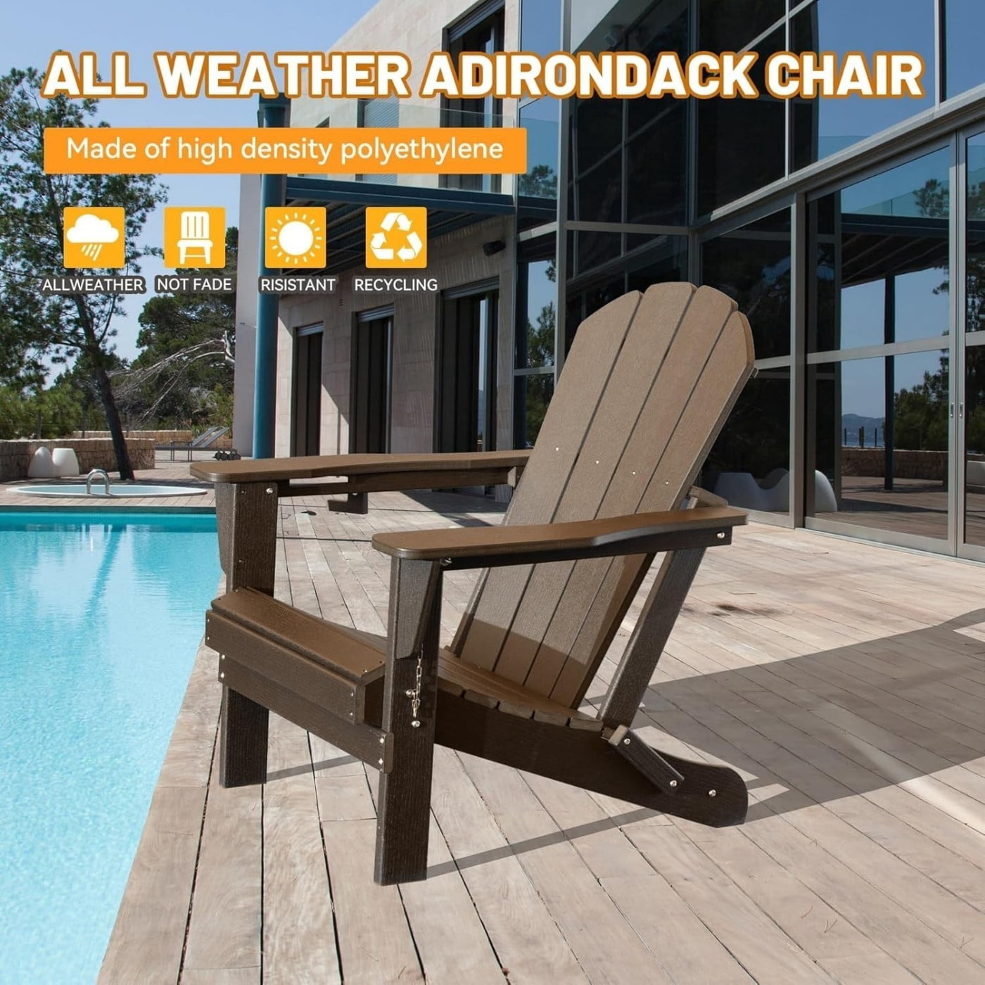 Folding Adirondack Chair, HDPE Outdoor Chair with Cup Holder, Weather Resistant Patio Chair with Wood Grain Finish for Lawn, Deck, Fire Pit, Brown