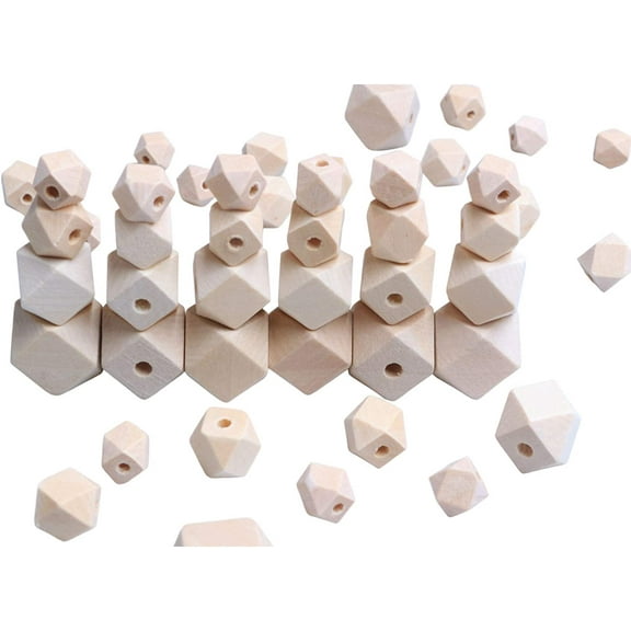 woodeni 100 Unfinished Geometric Polygon Wood Beads - 4 Sizes, 10mm/12mm/16mm/20mm