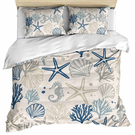 Blue Beige Coastal Bedding 3 Piece Duvet Cover Set Full Size, Summer Beach Starfish Coral Nautical Rustic Soft Microfiber Comforter Cover with Zipper Closure & Pillowcases, FadeResistant Quilt Cover