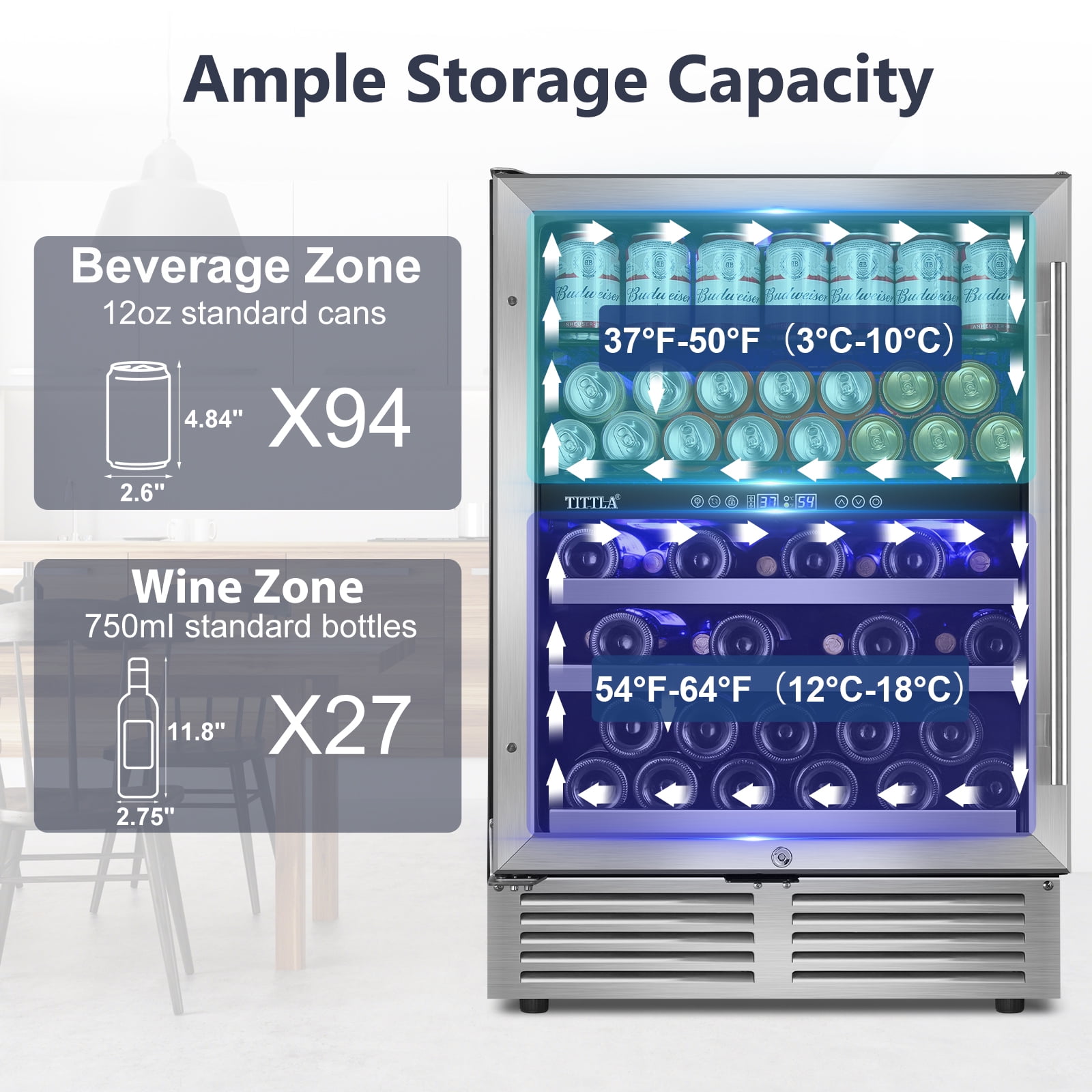 Tittla 24 Inch Beverage Refrigerator,Dual Zone Built in Wine Cooler Fridge ,27-Wine Bottles and 84-Cans