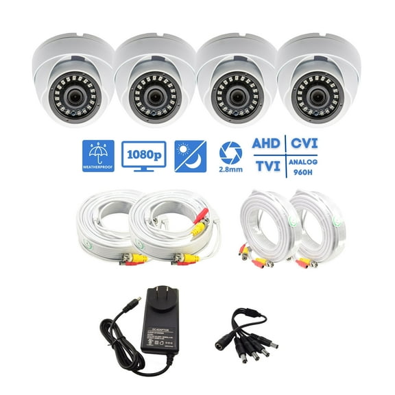 Evertech 4 Pcs 1080p HD AHD TVI CVI Analog Indoor Outdoor Dome Security Cameras with Wires and Power Supply