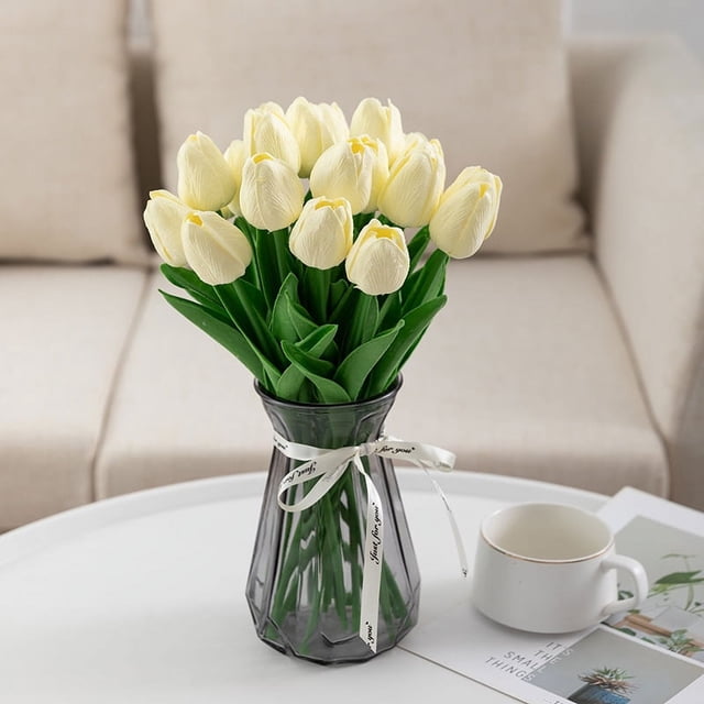 Nvzi Tulipán artificial de seda de 20 unidades, flores blancas falsas de 13,5 pulgadas, regalo para el día de la madre, Pascua,decoración para el hogar, la cocina y la boda (blanco leche)