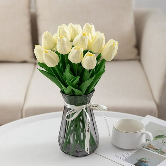 Nvzi-a 20 Count White Flower Artificial Tulip Silk Fake Flowers 13.5 Inch Mother's Day Easter Valentine's Day Gift Bulk Home Kitchen Wedding Decoration (Milk White)