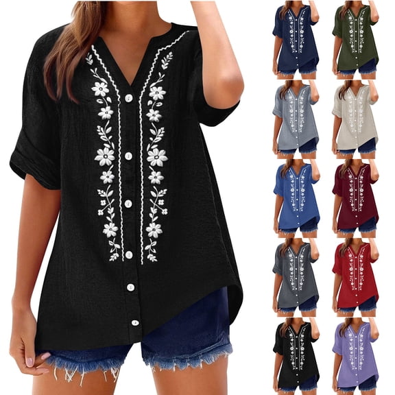 Mexican Shirts for Women Floral Embroidered Tops Short Sleeve V Neck Button Down Blouse Summer Casual Retro T Shirt