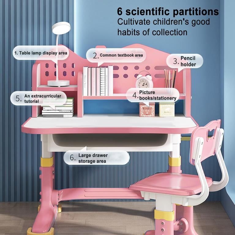 YNCE Study Desk with Chair for Kids 3-12, Height Adjustable Kids Functional Desk & Chair Set - Density Board Golden Distance Scientific Separation Child's School Study Writing Tables