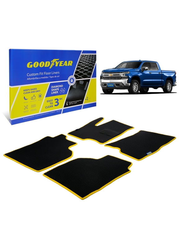 Goodyear Custom Fit Car Floor Liners for Chevrolet (Chevy) Silverado/GMC Sierra 2019-2024 Crew Cab, Black/Yellow,All-Weather Diamond Shape Liner Traps Dirt,Liquid,Precision Interior Coverage-GY004191