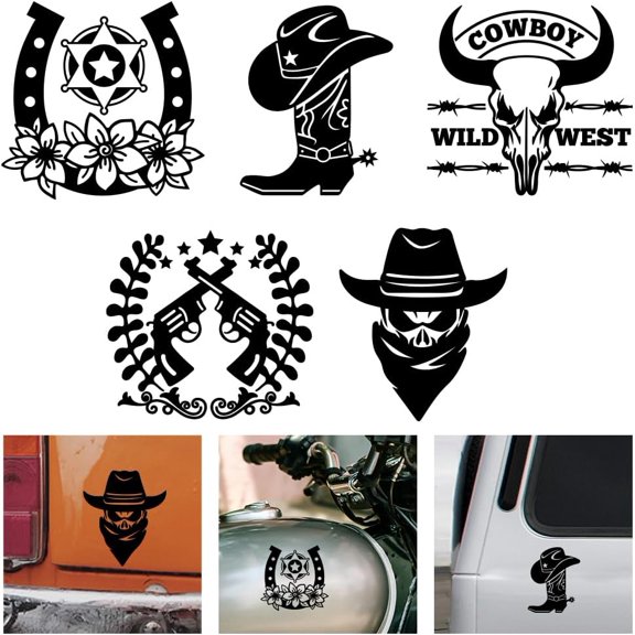 5Pcs Cowboy Car Decal Stickers Wild West Vinyl Sticker Cowboy Boots and Hat Car Reflective Waterproof Vinyl Car Window Decorative Decals for Windows Motorcycles Trucks Skateboard Laptop Cup