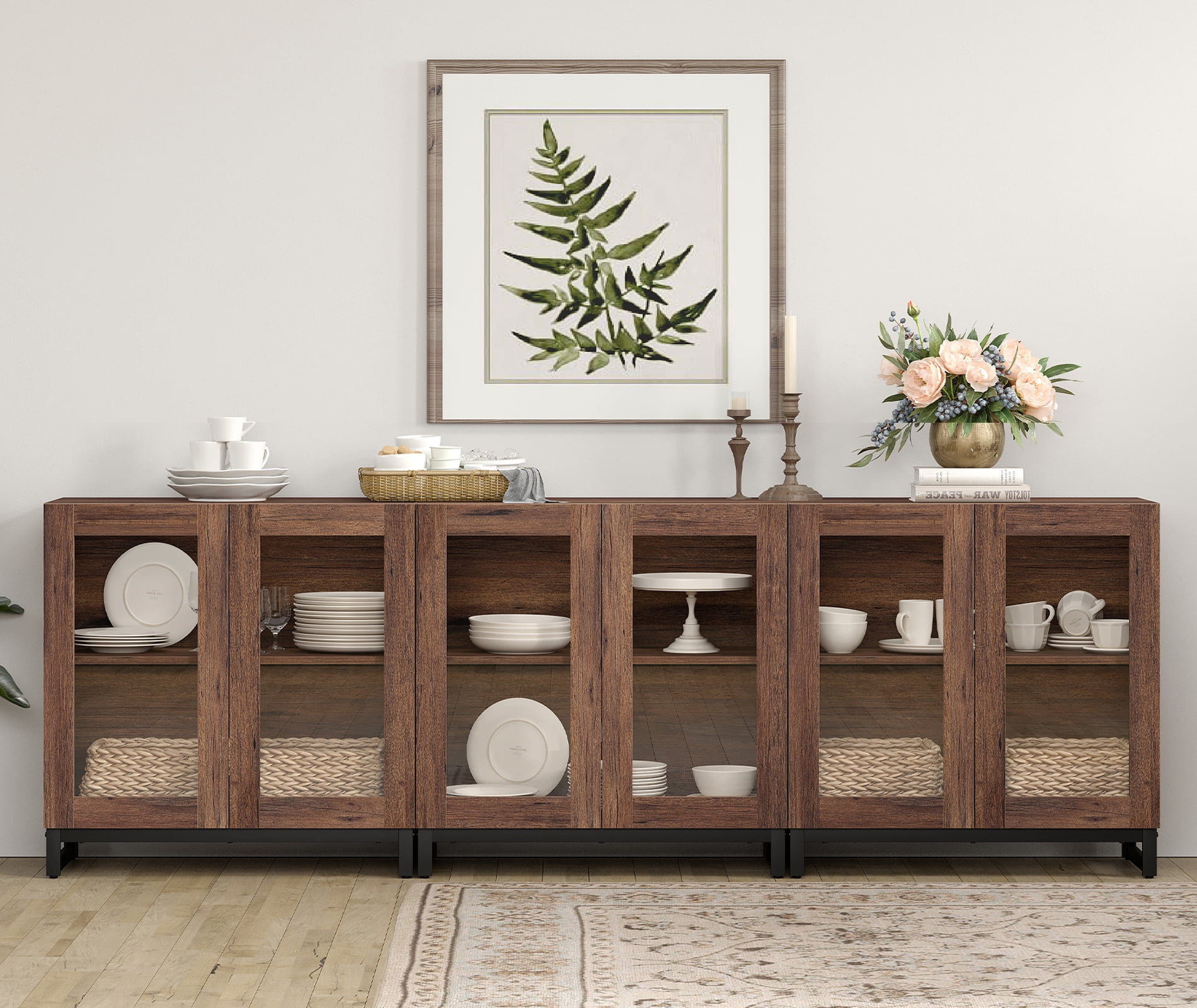 Modern 3-in-1 Multifunctional Sideboard Buffet Cabinet with 6 Glass Doors and Adjustable Shelf Coffee Bar Storage Cabinet for Living Room Kitchen,Brown