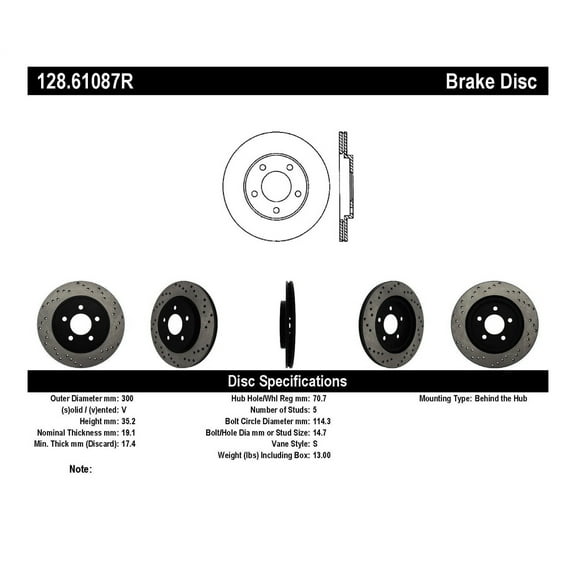 StopTech 128.61087R StopTech Sport Rotors; Drilled; Rear Right;11.81 in. Dia.; 1.38 in. Height; Fits select: 2005-2014 FORD MUSTANG