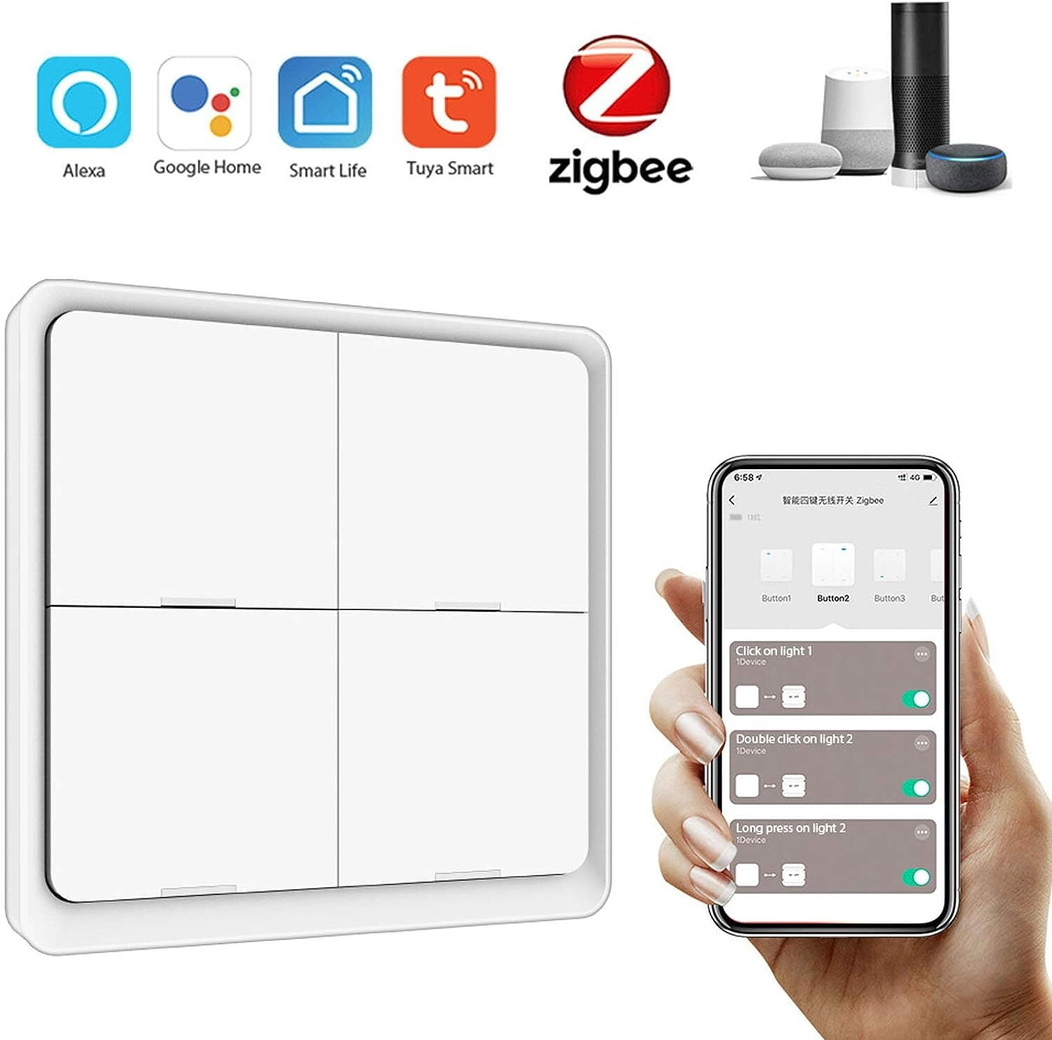 Wireless Scene Switch,Zigbee Smart Light Switch,Free installation Remote Control Switch,Zigbee Tuya Connection,4 Way Sticky Pane