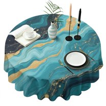 Blue and Gold Marble Sparkle Waves Pattern Round Tablecloth 60"x60",Wrinkle Wipeable Table Cloth for Kitchen Dining Room Picnic Patio Party