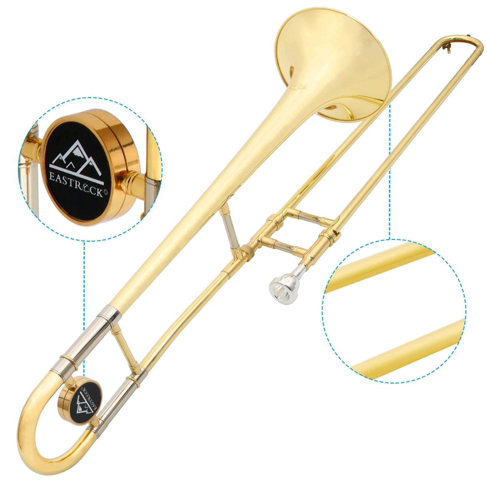 EASTROCK Bb Tenor Slide Trombone Golden B Flat Brass Plated 12.5mm diameter 200mm horn mouth with Hard Case Mouthpiece Gloves
