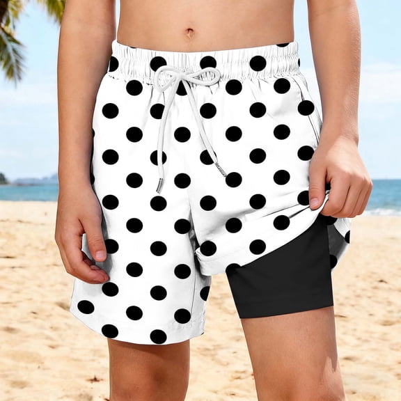 ITSAME Boys Swim Trunks, Polka Dot Print Elastic Waist with Compression Liner Quick-Dry Beach Shorts Black Size 5