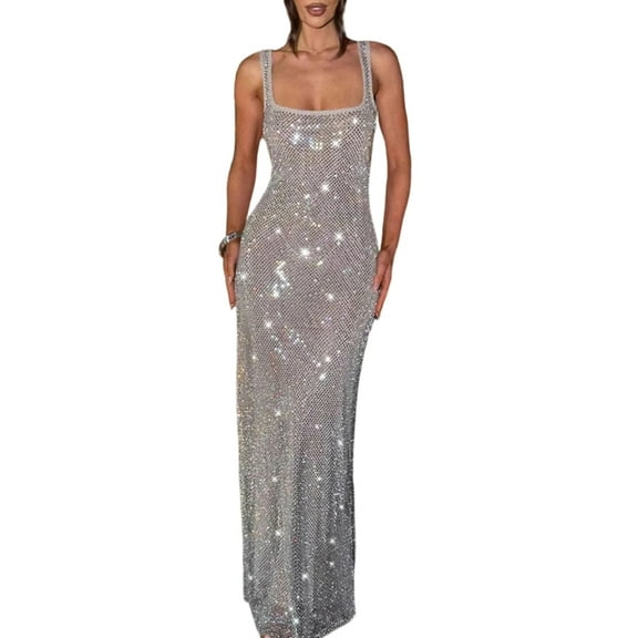Womens Sparkling Rhinestones Sequins Accent Long Dress Slimming Sleeveless Square Neck Open Back Bodycon Cocktail Gown