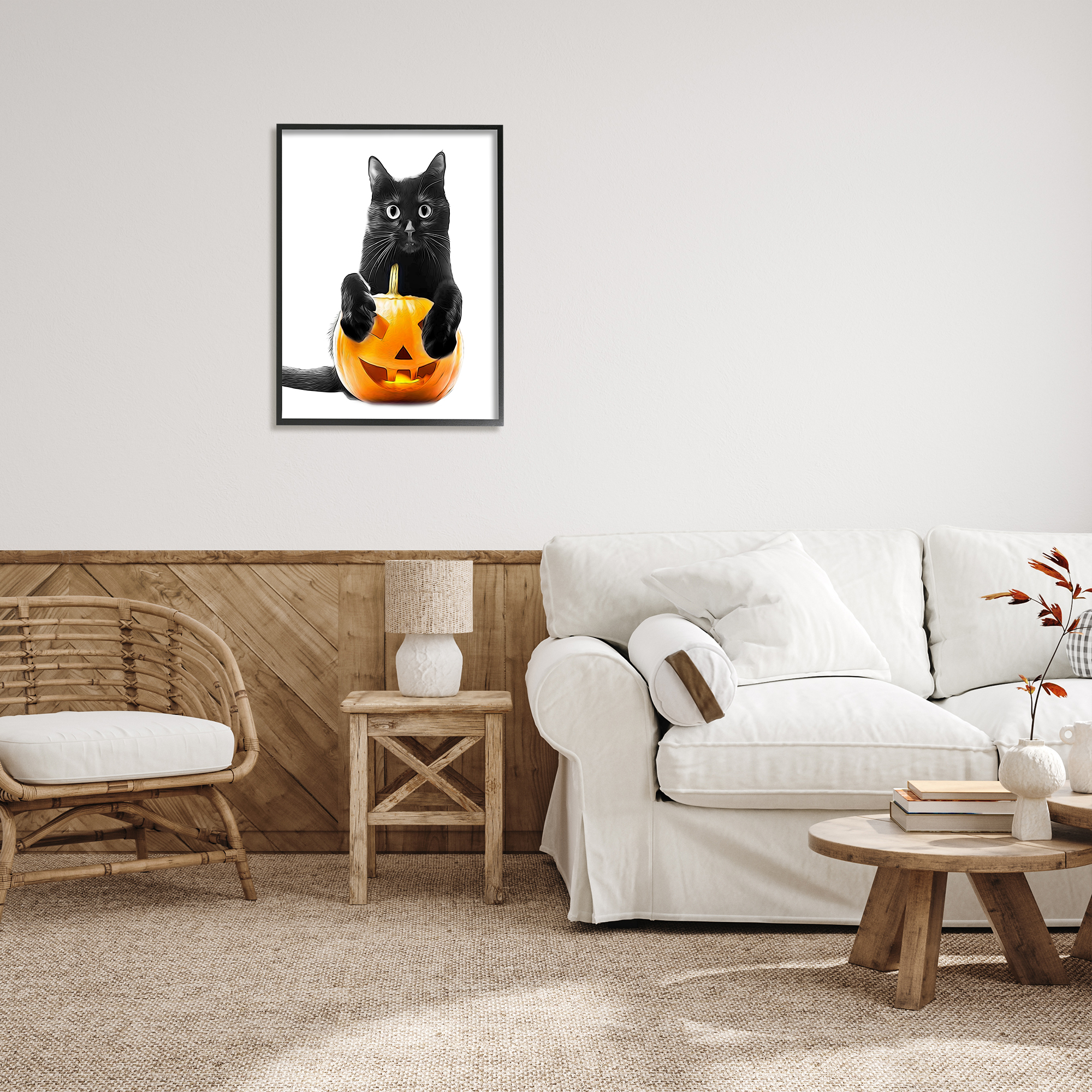 Stupell Industries Black Cat & Jack-o-Lantern Holiday Painting Black Framed Art Print Wall Art, 24 x 30