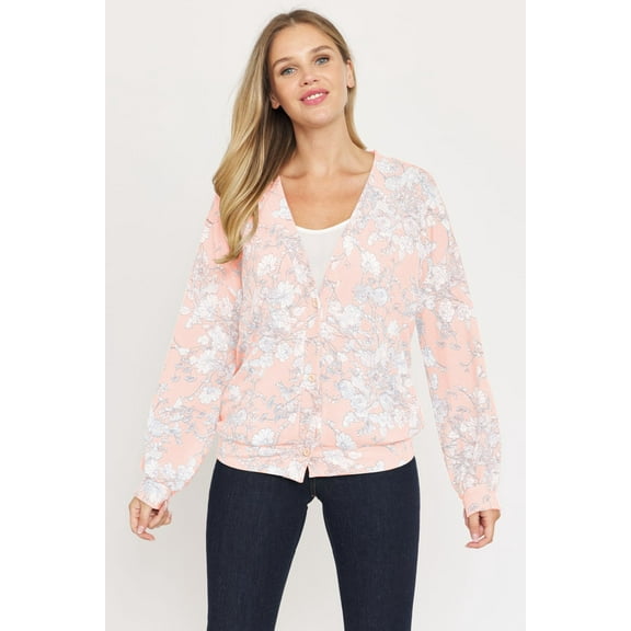 Pink Grey Pen Drawing Floral Button Down Cardigan