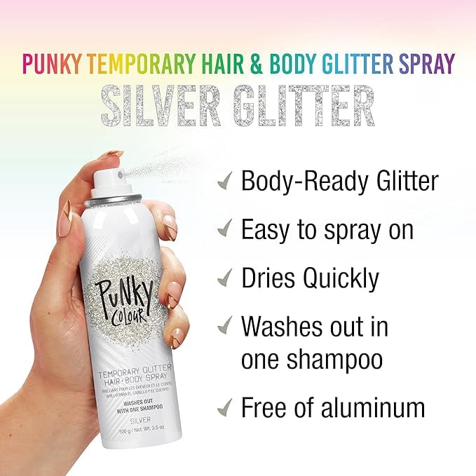 Punky Colour Temporary Hair and Body Glitter Spray, Multipurpose Spray On Hair Glitter, Silver, 3.5 oz Bottle