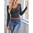 thumbnail image 2 of Long Sleeve Shirts for Women 2025 Fall Fashion V Neck Basics Crop Tops Slim Fitted Y2K Tops Outfits Clothes Grey S, 2 of 8