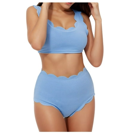 Womens Bikinis Summer Solid Color Spaghetti Strap Bra And Panty Set High Waist Petal Two Piece Tankini Swimsuits For Women Bathing Suits Blue XXL