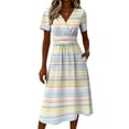 thumbnail image 5 of Minjewel Women's Striped Shift Dress with Breton V-Neck - Short Sleeve Summer Dress, Loose Flowy Beach Party Outfit, Comfy Vacation Mini Dress,Yellow,XL, 5 of 6