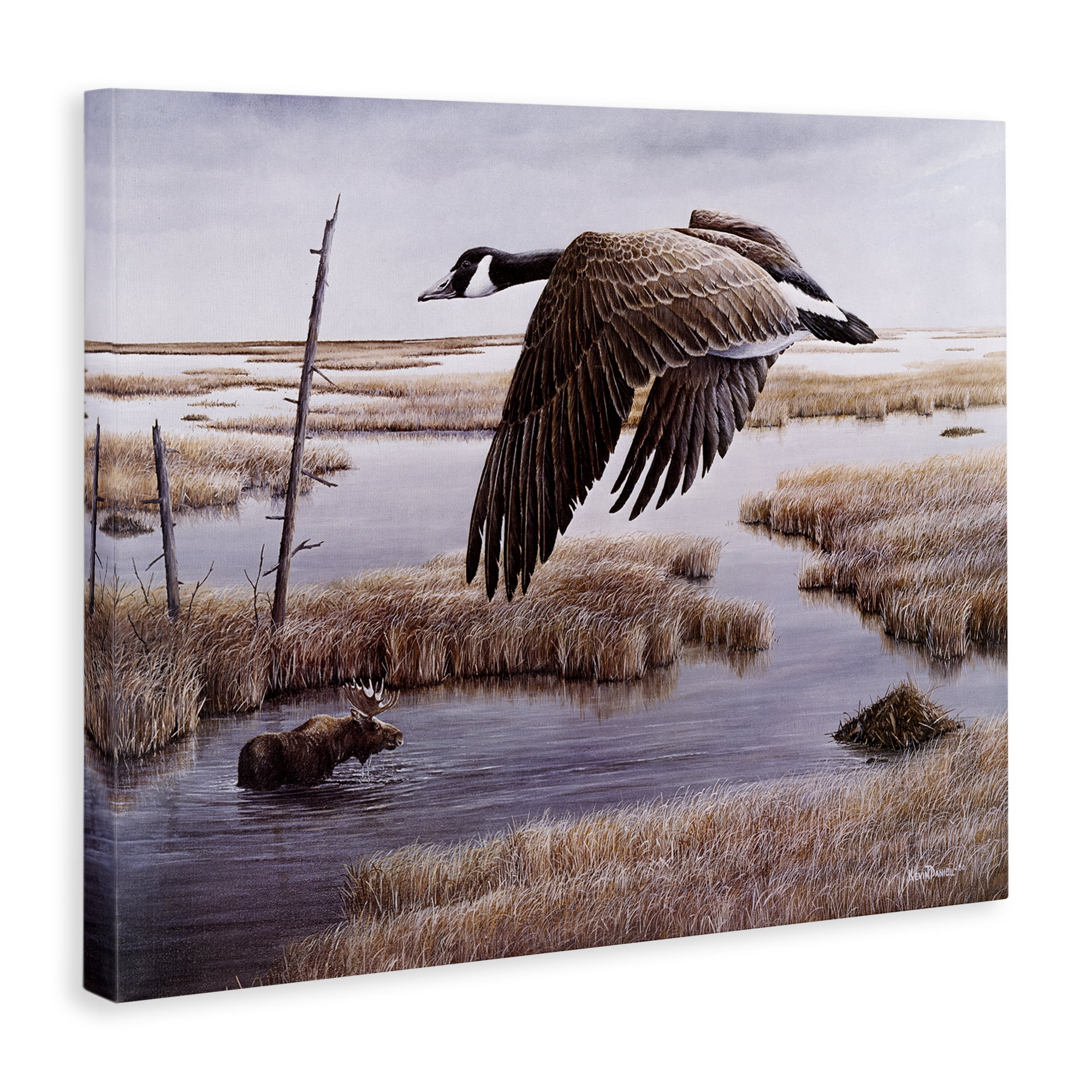 Stupell Industries Goose Over Creek Animals Painting Wrapped Canvas Art Print Wall Art, 20 x 16