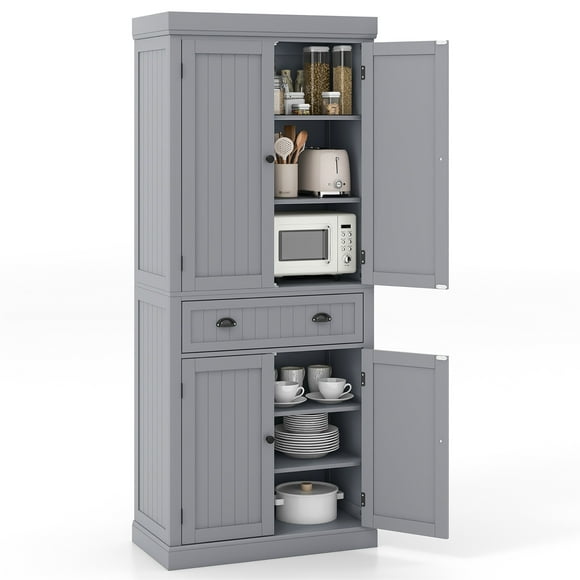 Gymax 72'' Kitchen Pantry Storage Cabinet Tall Freestanding Cupboard w/ 4 Doors Large Drawer Gray
