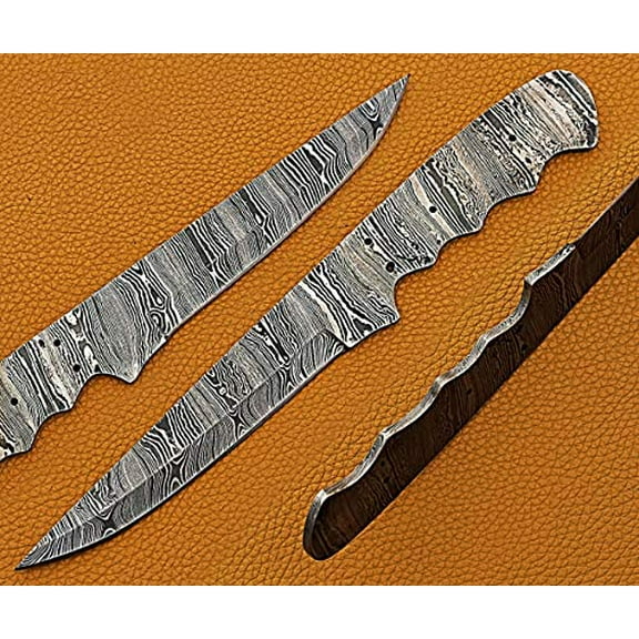 Damascus Steel Blank Blade 10.75 inches Long Hand Forged Straight Back Skinning Knife Blank Blade, Hunting Knife with 4 Pin Hole, 5.5 inches Cutting Edge, 4.5" Finger Serrated Scale Space