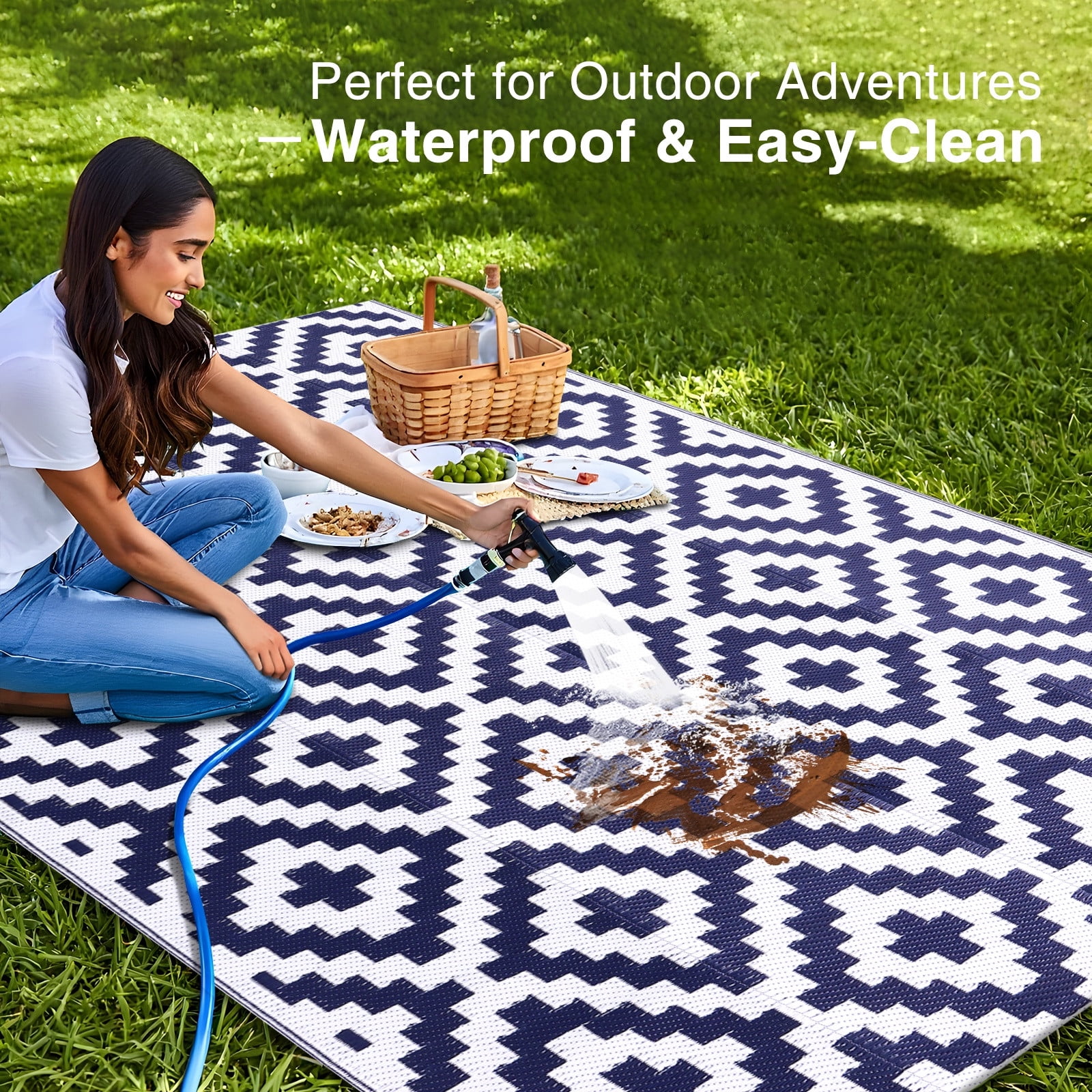 Smiry Outdoor Rug 6x9, Waterproof Reversible Plastic Outdoor Mat, Indoor Outdoor Rugs for Patio, RV, Deck, Porch, Navy & White