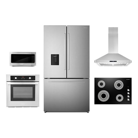 5 Piece Kitchen Package With 30  Electric Cooktop 30  Island Range Hood 24  Single Electric Wall Oven 30  Over-The-Range Microwave & French Door Refrigerator