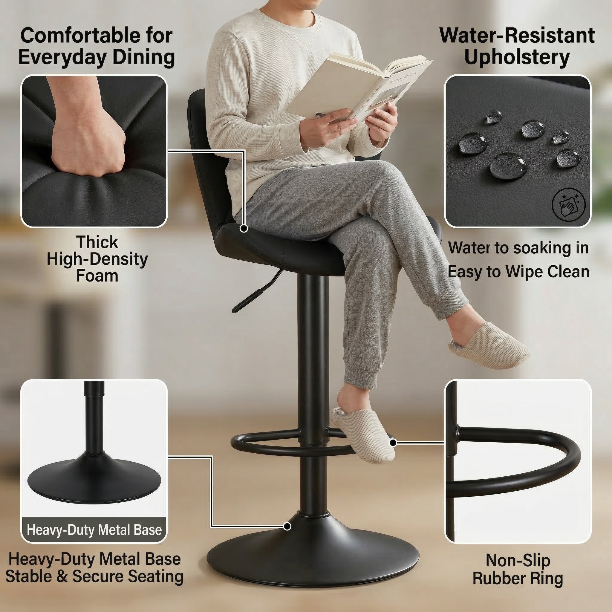 Restworld BarStools Set of 4, Adjustable Faux PU Leather Modern Armless Bar Chairs for Kitchen,Black