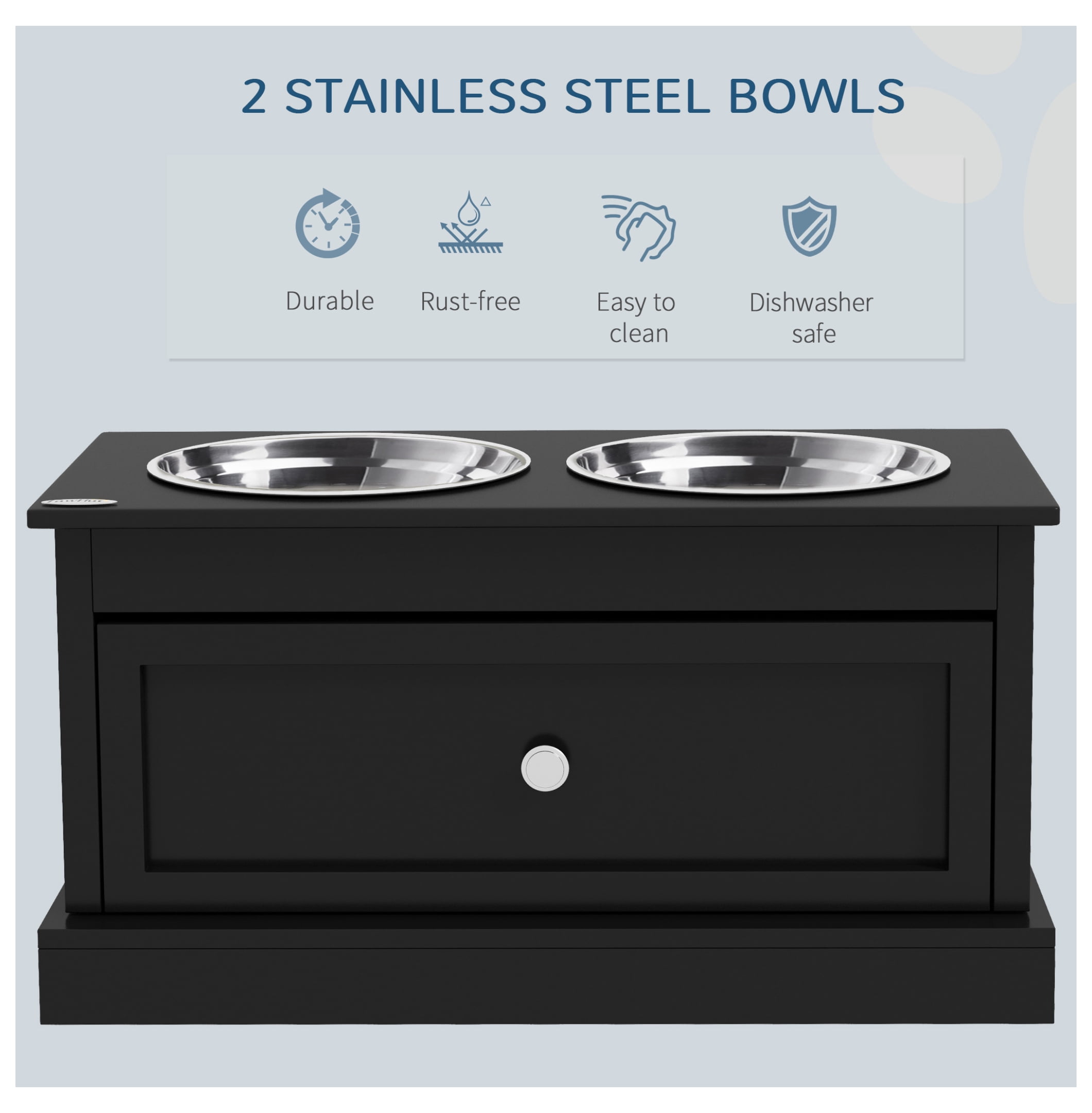 Raised Dog Bowls with Storage, Elevated Dog Feeder Stand, Stainless Steel Pet Bowls, Black - Large Dog Food Station
