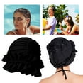 thumbnail image 5 of Yucurem Women Elastic Ruffle Swim Cap Hat, Portable Non-Squeezing Shower Cap, Ear Protection Swimming Cap for Long Short Hair (Black), 5 of 10