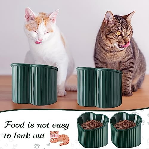 2 Pcs Ceramic Elevated Cat Bowls Tilted Elevated Raised Pet Bowls Anti Vomit Cat Dish for Indoor Stress Free Water Dish Feeder for Puppies, Heart Shaped(Peacock Green)