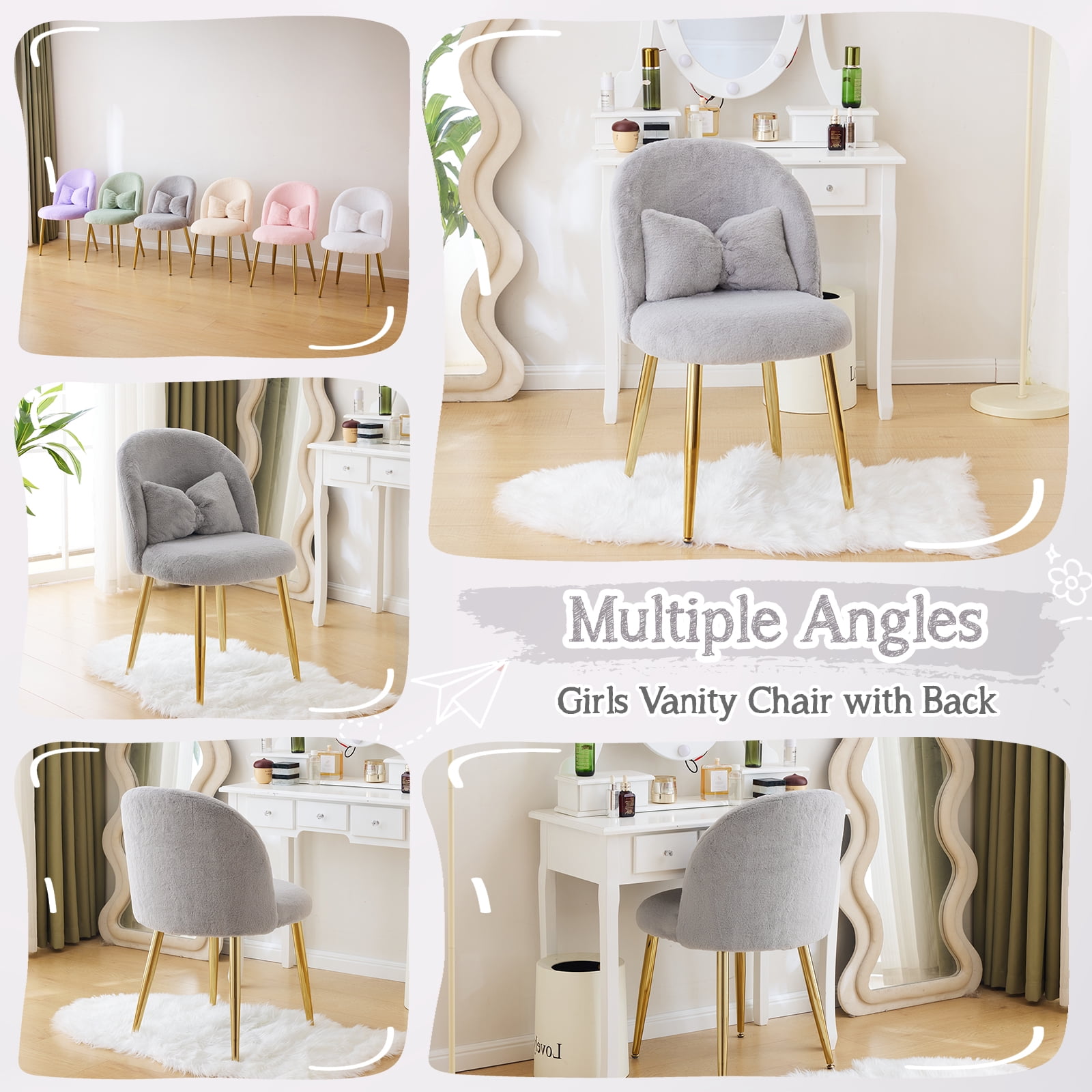 Ktaxon Vanity Makeup Chair Comfy Accent Chair Small Office Chair for Living Dining Room Bedroom Home Office Faux Rabbit Hair Gray