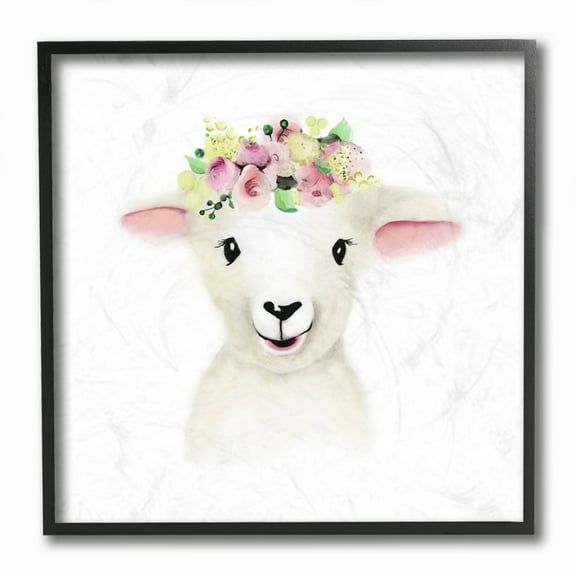 The Kids Room by Stupell Cute Cartoon Baby Lamb Sheep Flower Crown Farm Animal Painting Framed Giclee Texturized Art by Studio Q by Studio Q
