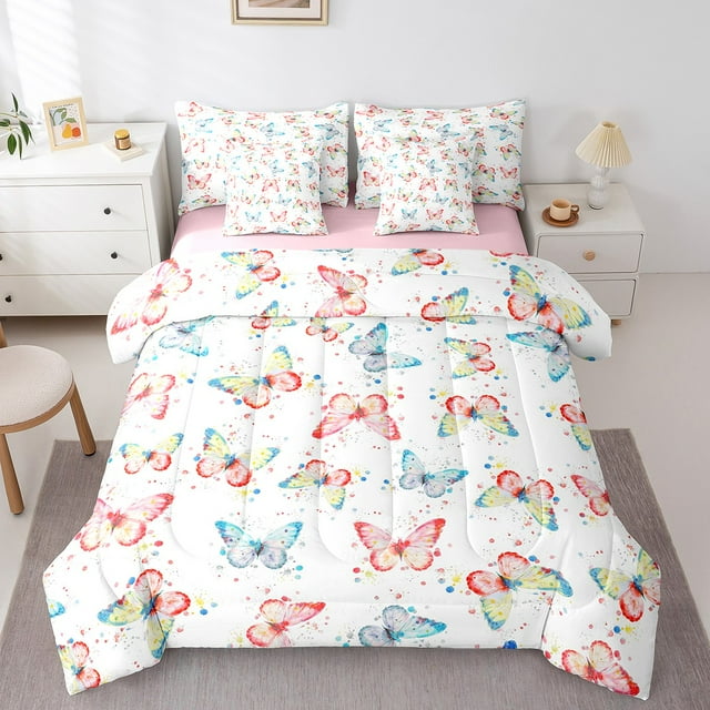 Ensemble de Literie Papillons Colorés 7 Pcs Format Simple pour Filles Enfants, Imprimé Aquarelle de Papillons, Ensemble de Couette, Couette pour Filles avec Papillons +drap Plat +drap-Housse +2 Taies d'Oreiller +2 Housses de Coussin Décoratif