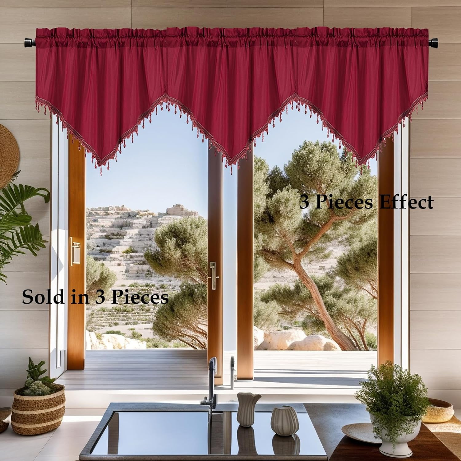Nvzi Luxury Beaded Triangle Curtain Valances 3 Panels for Living Room Bathroom Cafe Laundry Basement Rod Pocket Half Blackout Short Window Valance Curtains (Red,51"x23")