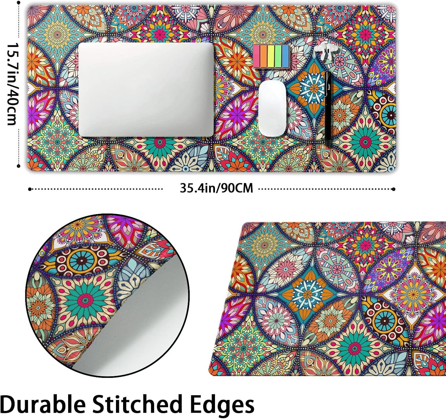 Colorful Mandala Gaming Mouse Pad XXL Pretty Boho Bohemian Extended Big Large Desk Mat Non-Slip Rubber Base Stitched Edge Long Keyboard Mousepad for PC Computer Laptop,35.4×15.7 in