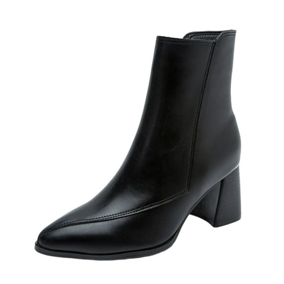 Jsaierl Women's GoGo Ankle Boots Square Toe Side Zipper Chunky Block Heel Mid Calf Low Heeled Short Booties