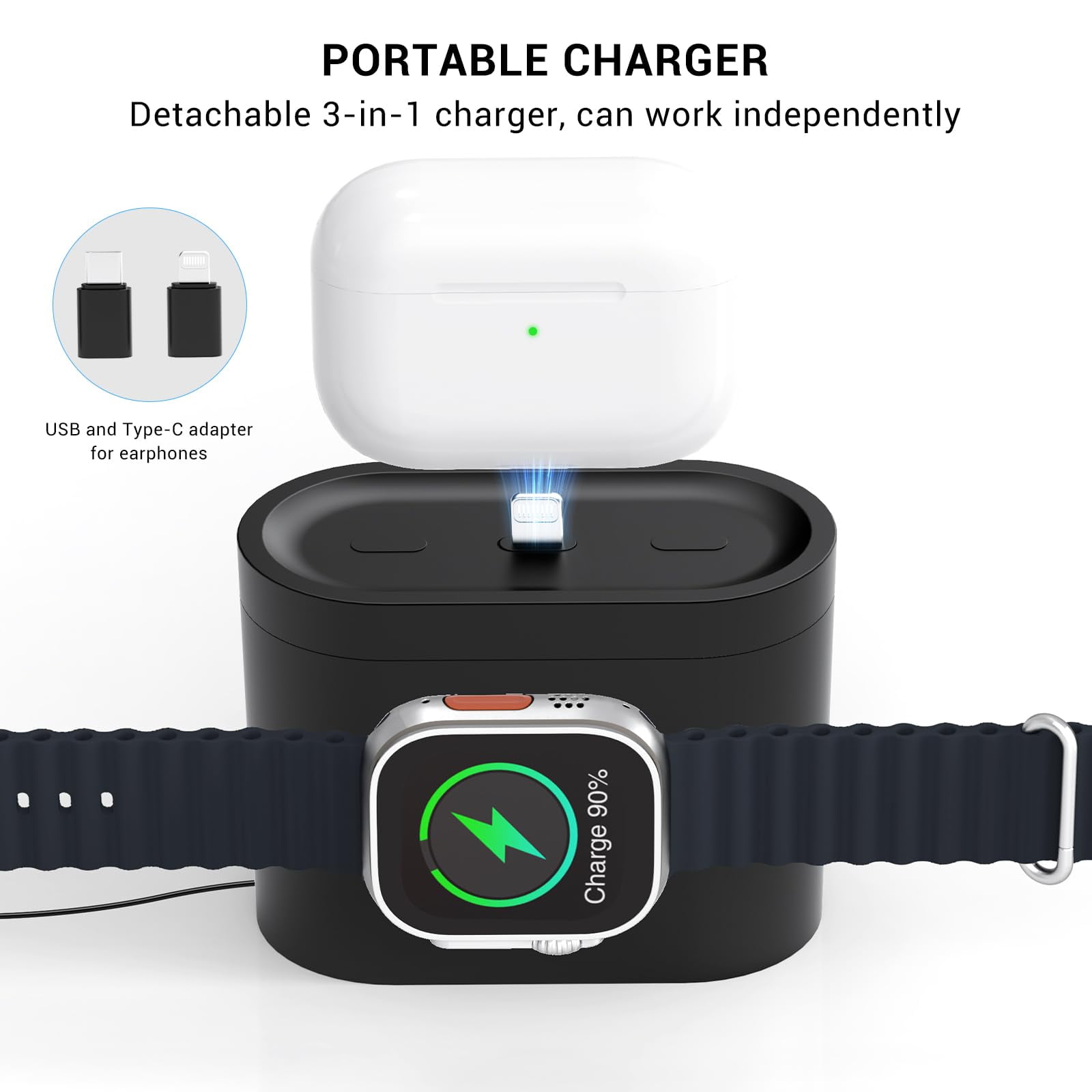 Wireless Charging Station 7 in 1 Compatible for iPhone 17/16/15/14/13/12 Pro Max, Apple Watch & AirPods with Alarm Clock, Night Light Black