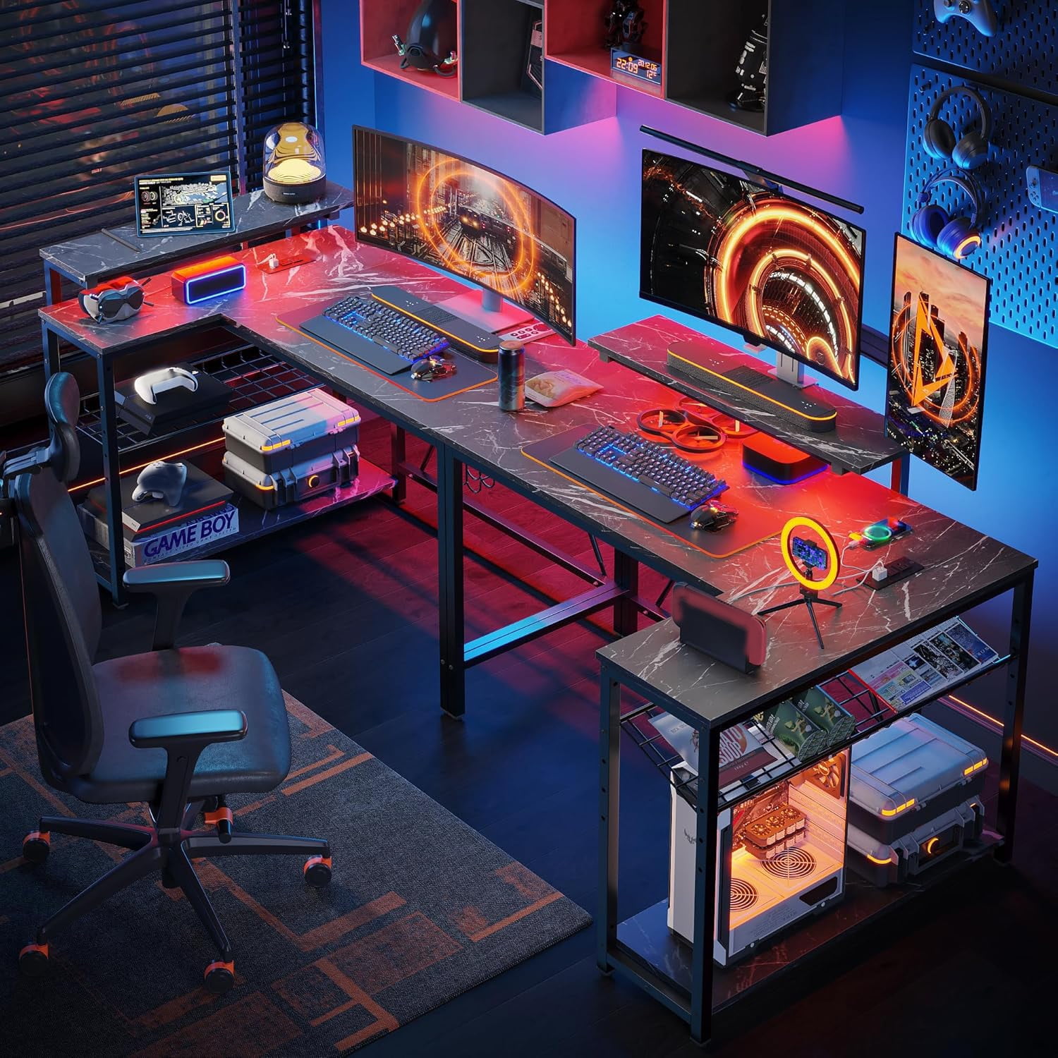 RSPGAME 42" Reversible L-Shaped Gaming Desk with Power Outlets, LED Lights, Monitor Stand & Headset Hooks for Small Spaces, Bedrooms & Home Offices, Black Marble