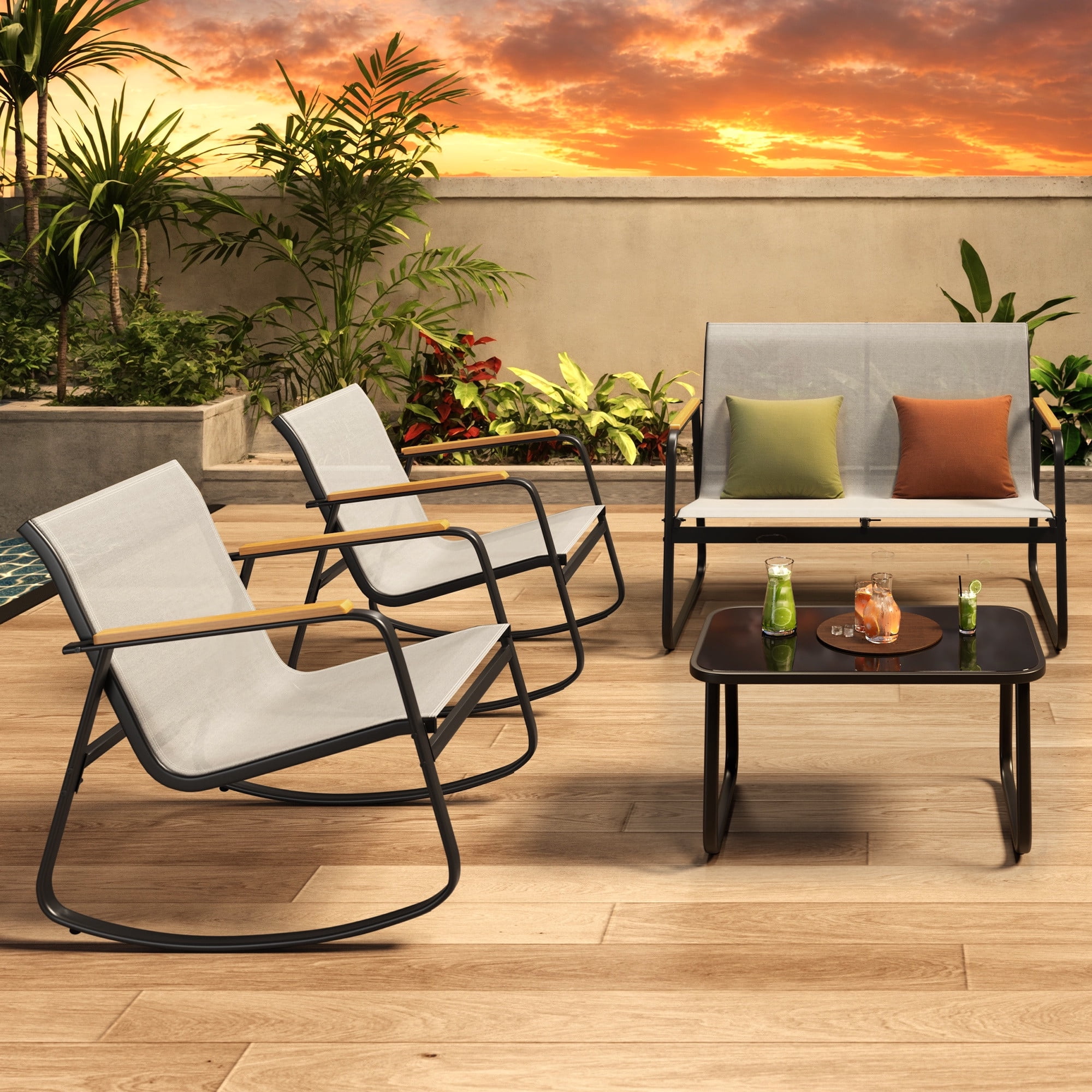 Patio Conversation Sets for 4, Lofka 4 Pieces Patio Furniture Sets with Rocking Bistro Fabric chairs, Garden Loveseat, Glass Coffee Table for Backyard, Poolside, Porch, Lawn, Gray