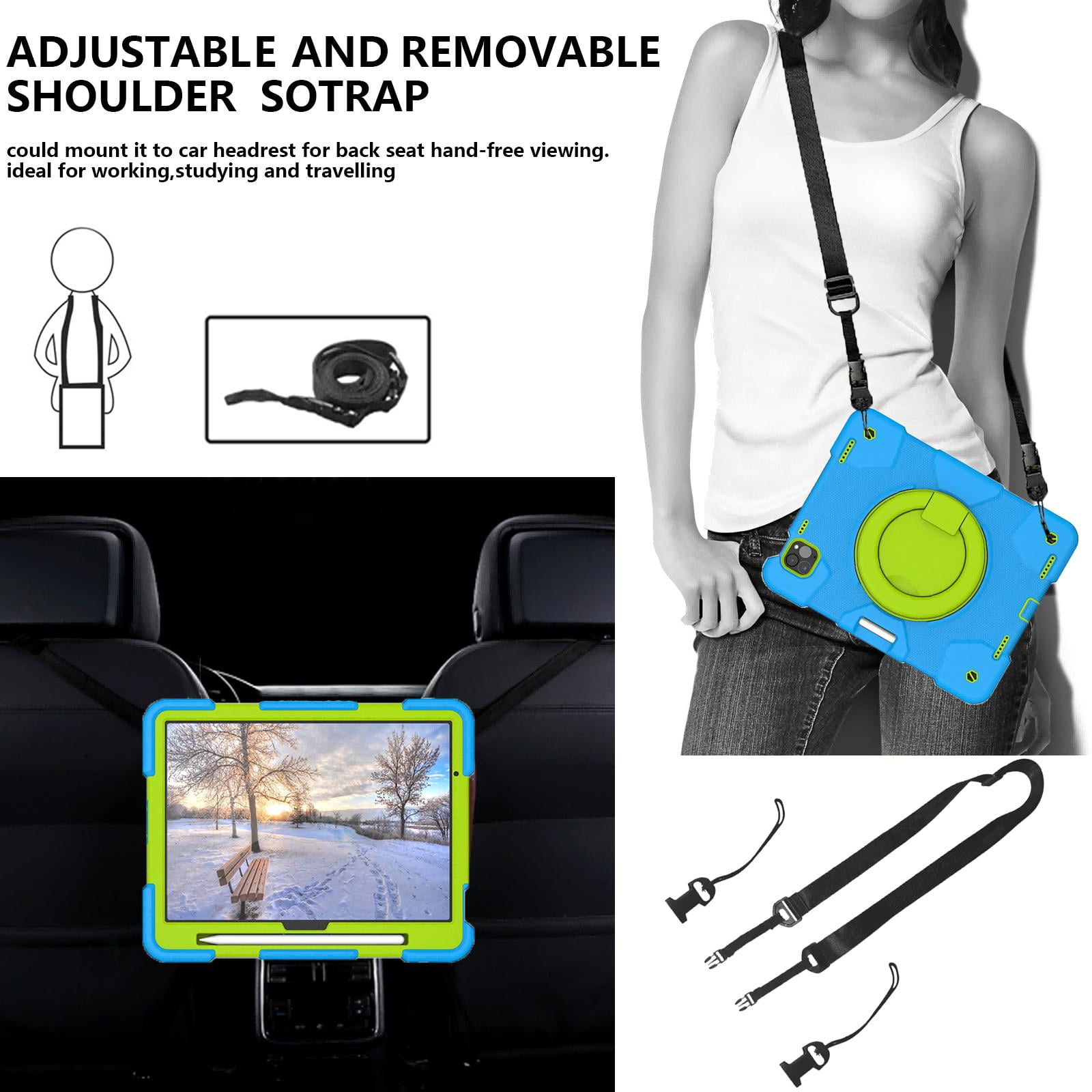ELEHOLD Military Grade Shockproof Case For Apple iPad Air 11 (2024), Heavy Duty Protection Ring Stand Cover, Adjustable Angel, Detachable Shoulder Strap, Pencil Holder, Blue+Green