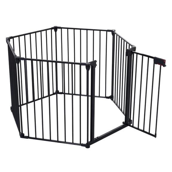 4-in-1 Metal Safety Gate, Freestanding Pet Gate Play Yard, Configurable Panels, 270° Pivot Design, Walk-Through Door with Child-Proof Lock for Home Safety