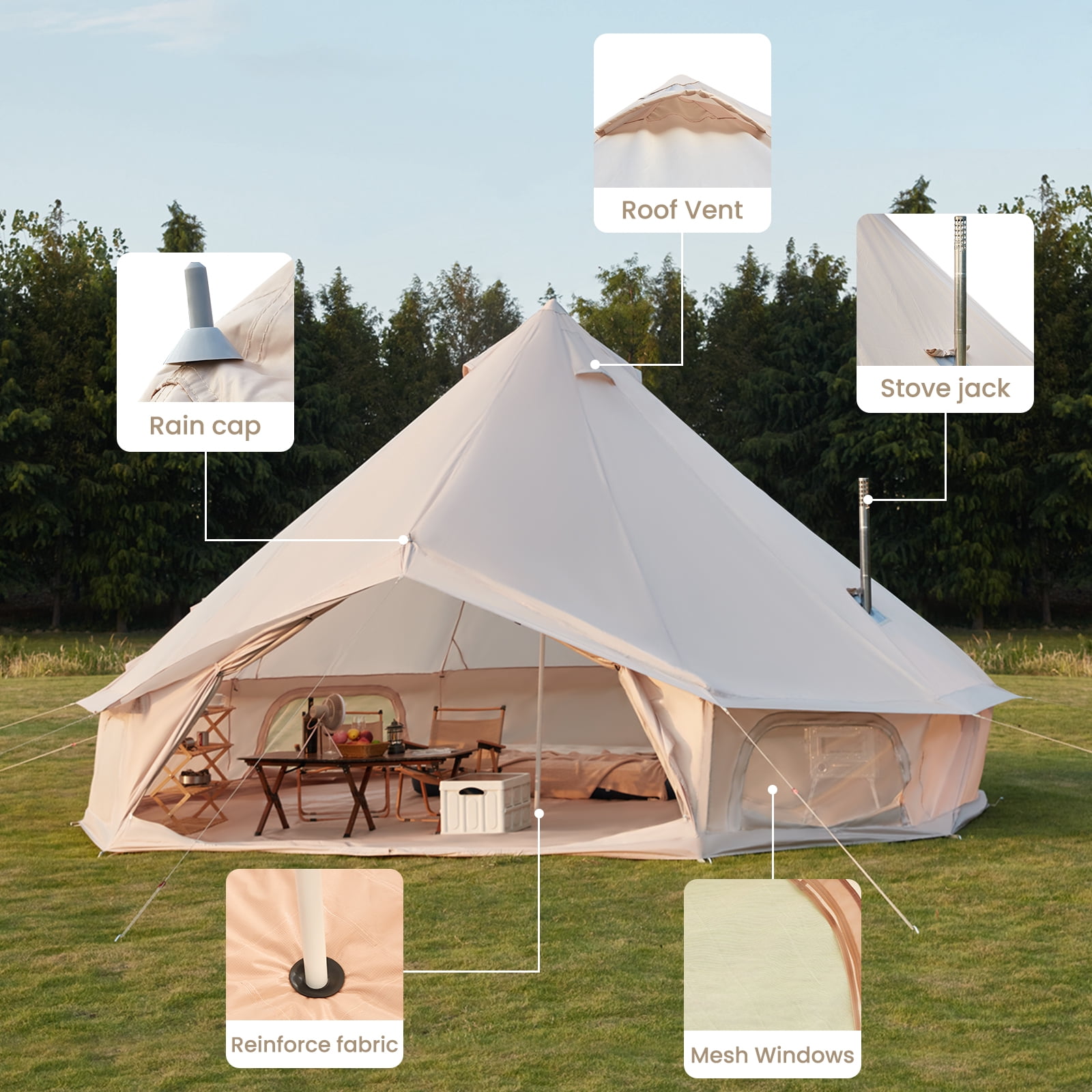 Yoleny Camping Bell Tent, All Season Waterproof Canvas Tent , 3 m/9.8ft Yurt Tent with Stove Jack for 3-4 Person
