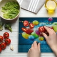 thumbnail image 3 of Birthday Cutting Board, Vibrant Colored Realistic Balloons and Party Flags on Blue Backdrop Happiness, Decorative Tempered Glass Cutting and Serving Board, Large Size, Multicolor, by Ambesonne, 3 of 5