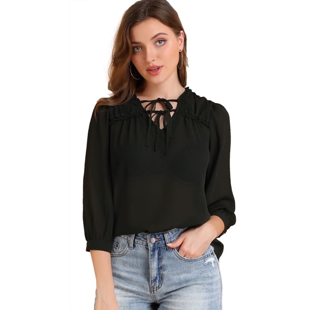Blusa de trabajo Allegra K Semitransparente con corbata de Cuello Manga 3/4 Negro L